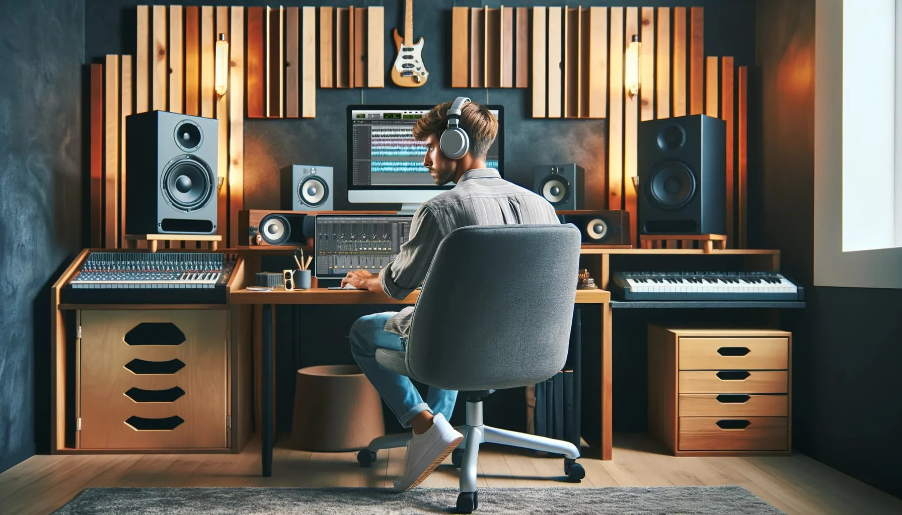 DALL_E_2023-11-27_16.06.32_-_An_image_depicting_a_music_producer_in_a_modern_well-equipped_home_studio_intensely_focused_on_mastering_a_track_on_his_computer._The_studio_is_ador